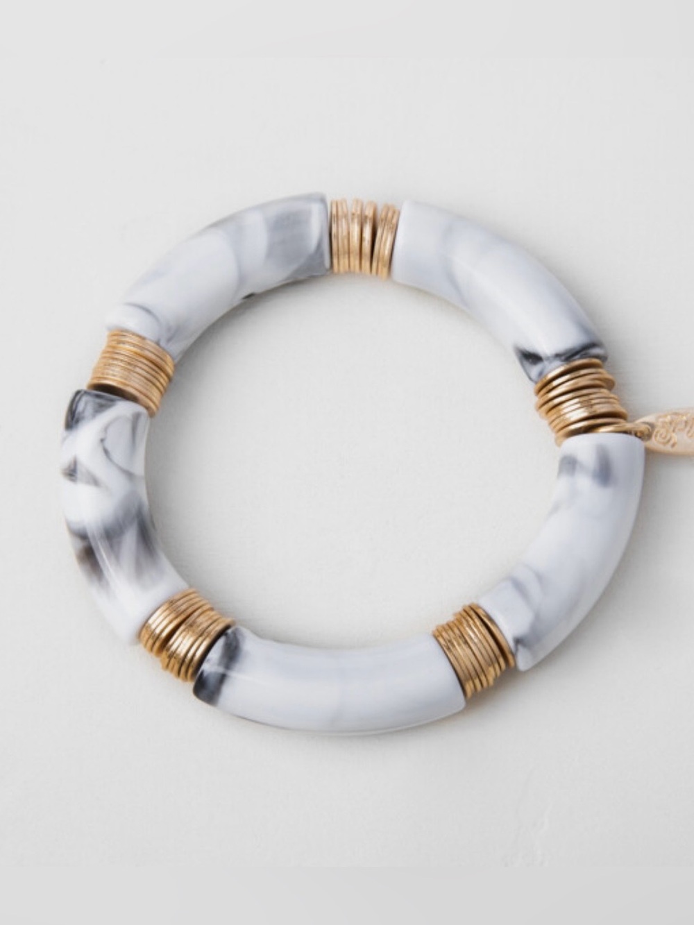 PLUNDER “WHITE & GREY MARBLE BEADS” with GOLD-TONE DISCS BRACELET - BRAND NEW!